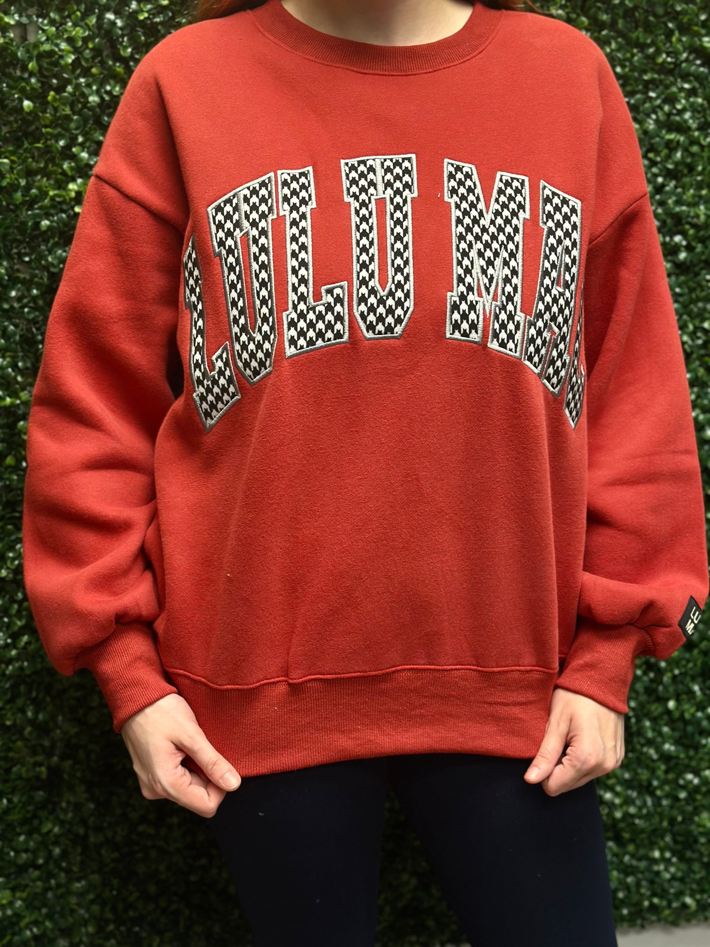 Lulu Mac Crimson Houndstooth Embroidered Sweatshirt