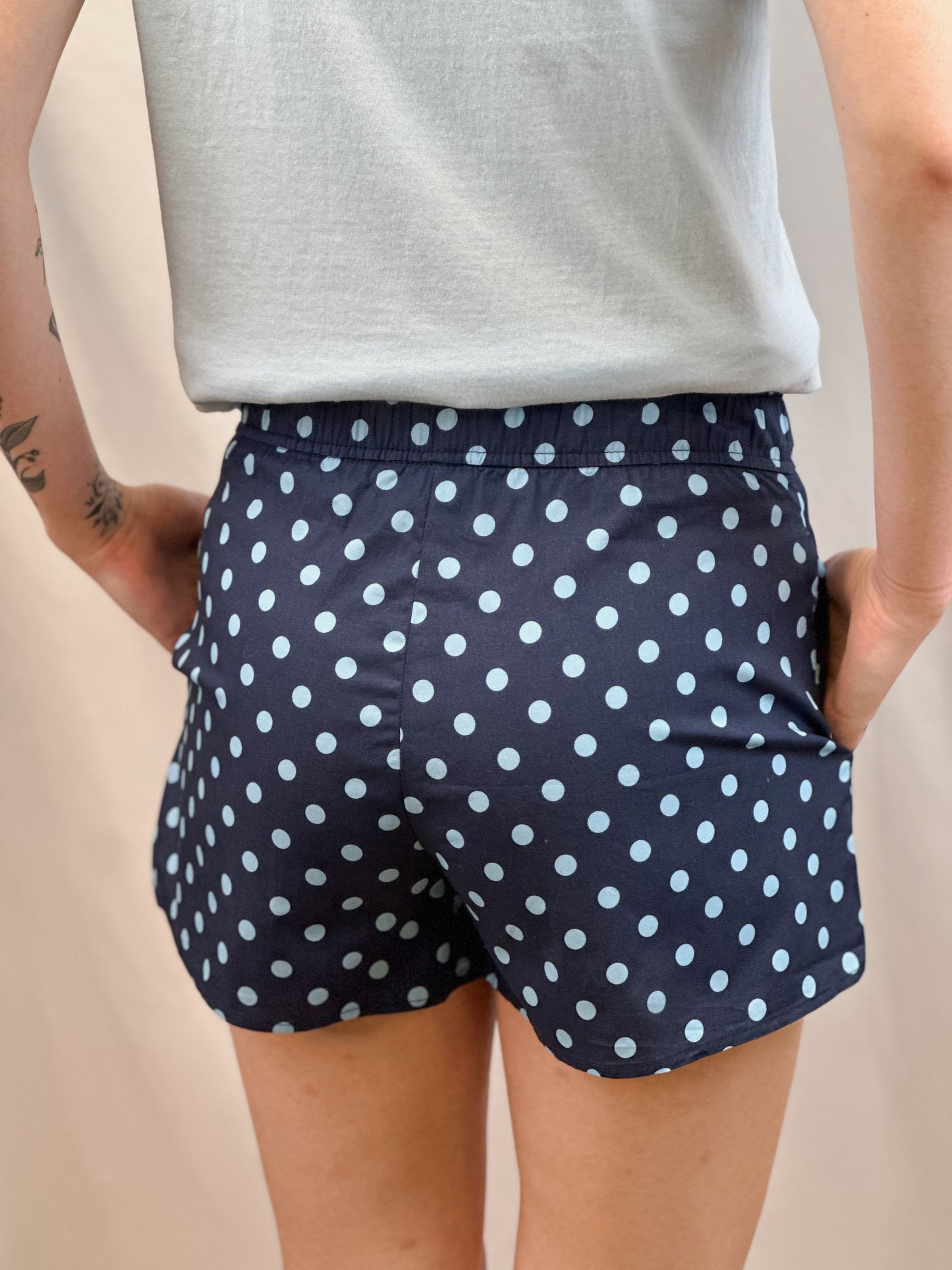 Lulu Mac Boxer Style Shorts- Navy/Light Blue Polka Dots