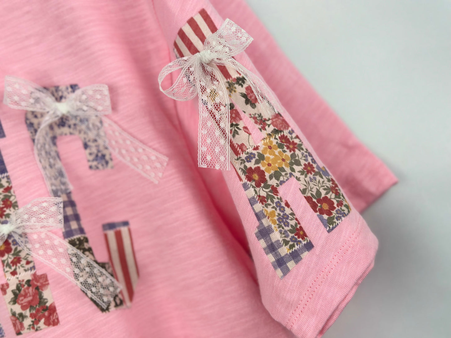 "America" Patchwork Printed Cropped T-Shirt with Ribbon Bows