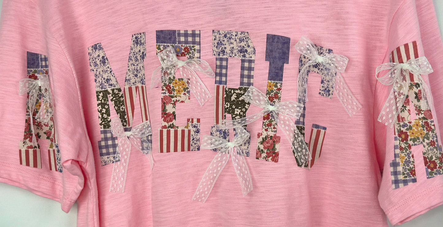 "America" Patchwork Printed Cropped T-Shirt with Ribbon Bows