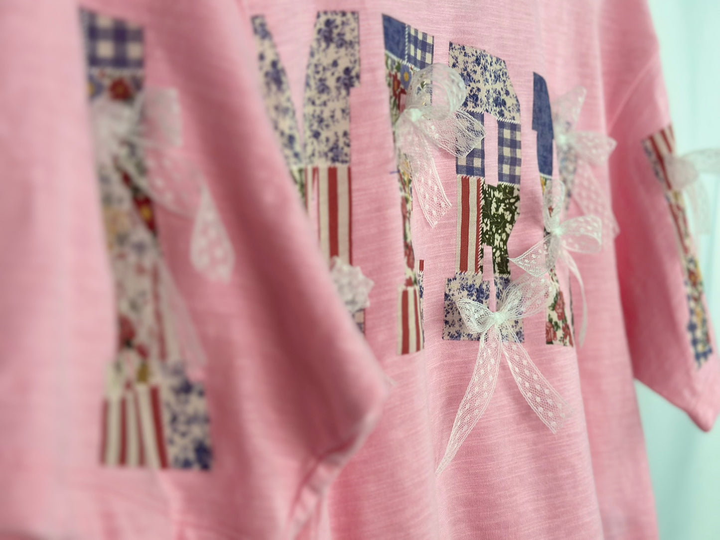 "America" Patchwork Printed Cropped T-Shirt with Ribbon Bows