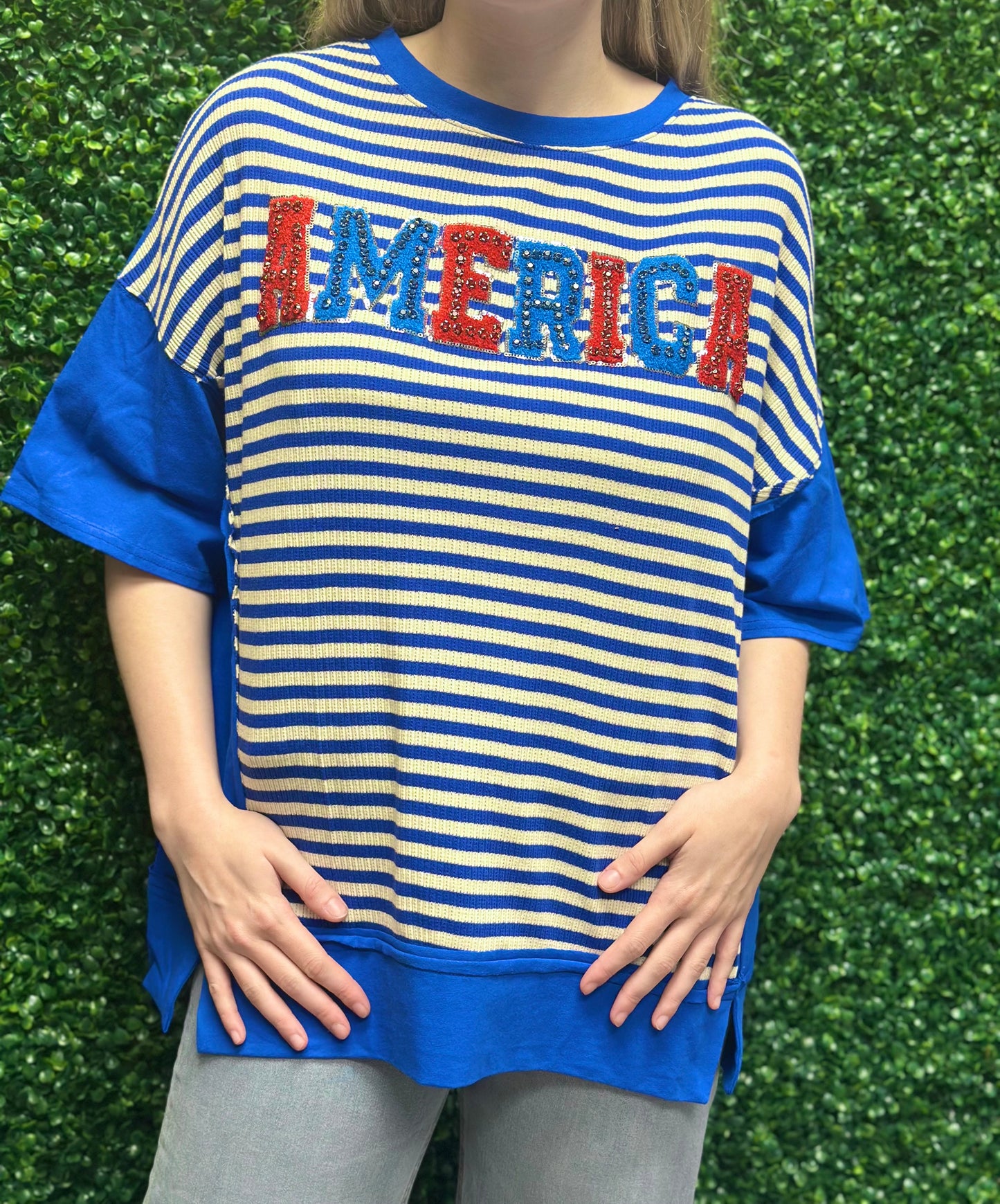 "America" Rhinestone Studded Striped Oversized Top