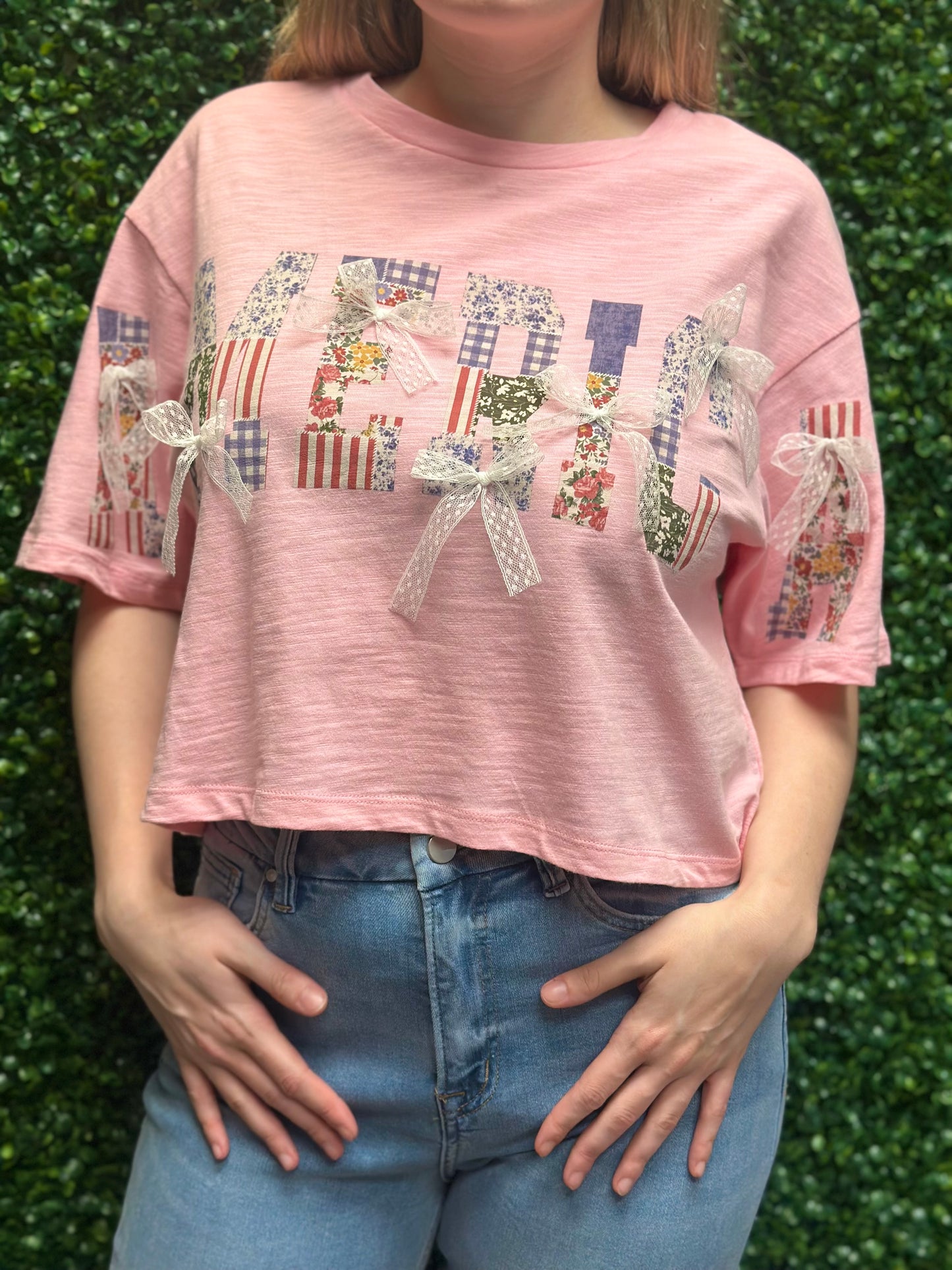 "America" Patchwork Printed Cropped T-Shirt with Ribbon Bows
