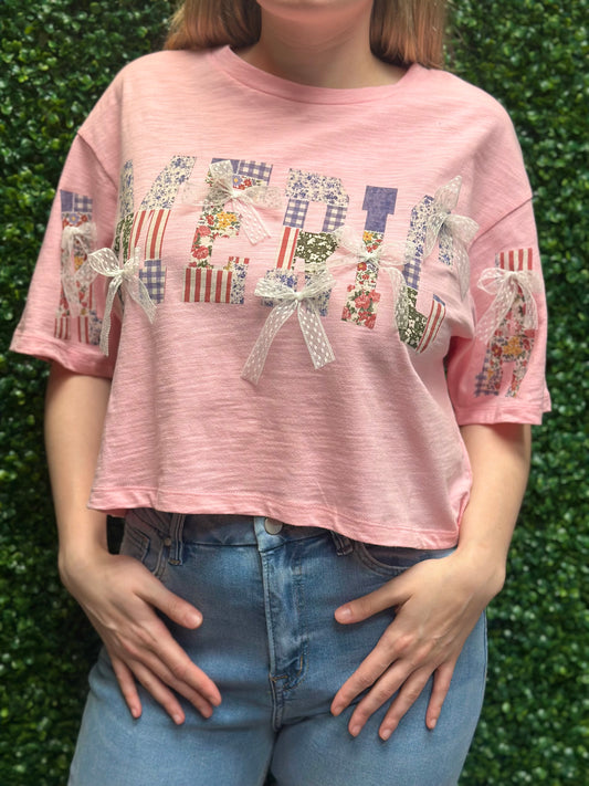 "America" Patchwork Printed Cropped T-Shirt with Ribbon Bows