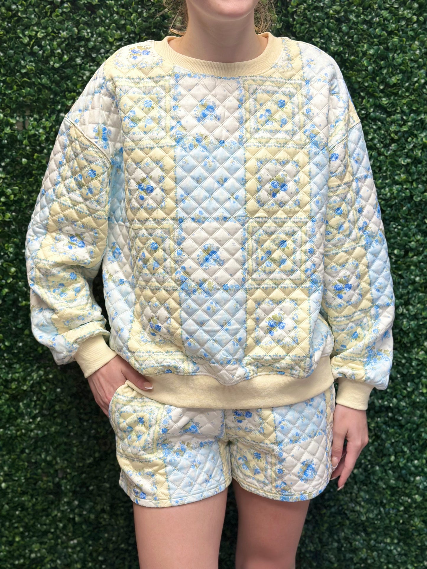 Rareraw Butter Yellow & Blue Quilted Patchwork Style Set