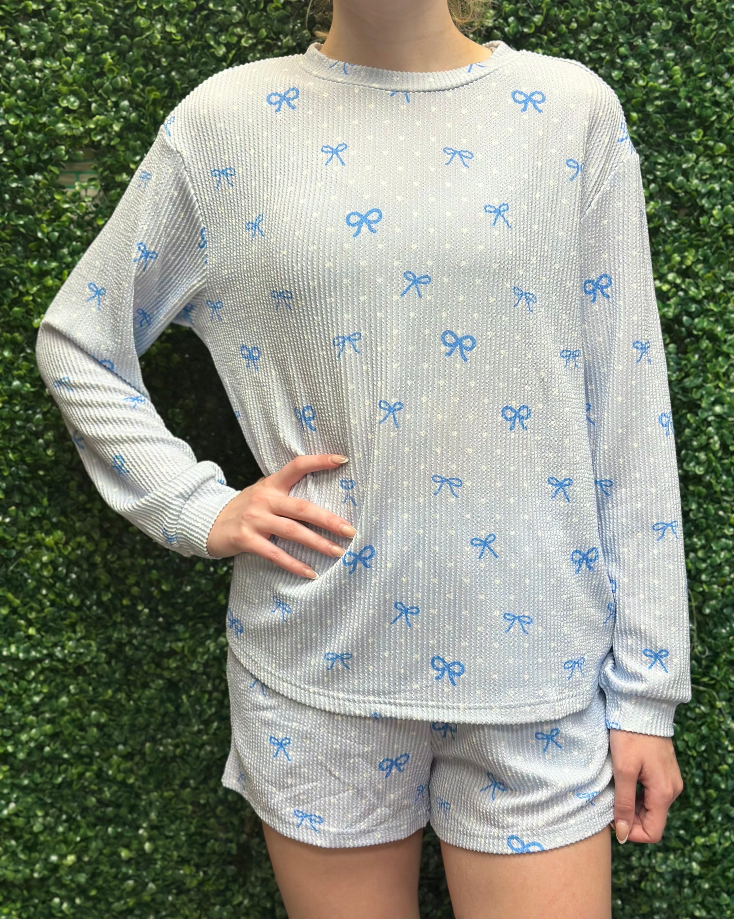 Blue Bow & Polka Dot Longsleeve and Shorts Lounge Set