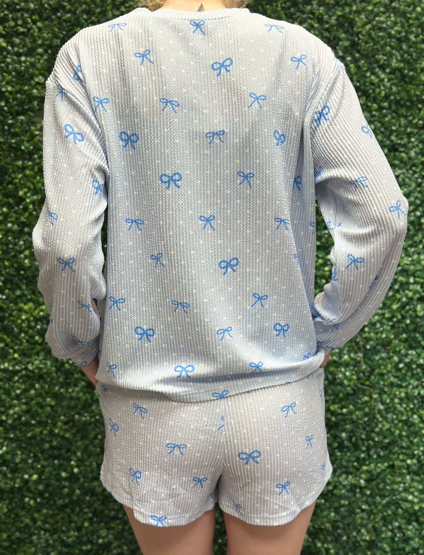 Blue Bow & Polka Dot Longsleeve and Shorts Lounge Set