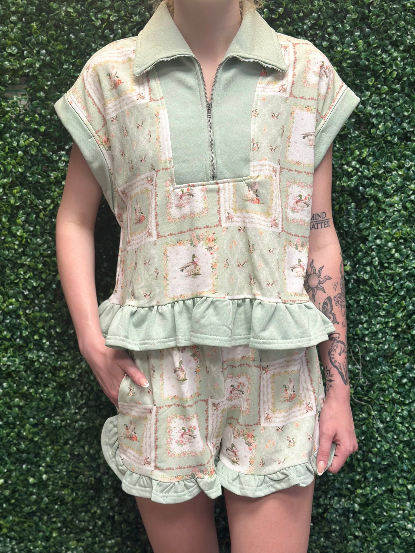 Rareraw Mallard Duck Patchwork Print Set with Ruffles