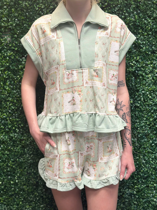 Rareraw Mallard Duck Patchwork Print Set with Ruffles