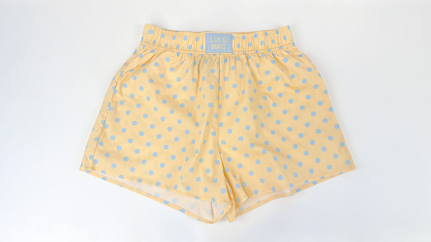 Lulu Mac Boxer Style Shorts- Butter Yellow/Light Blue Polka Dots