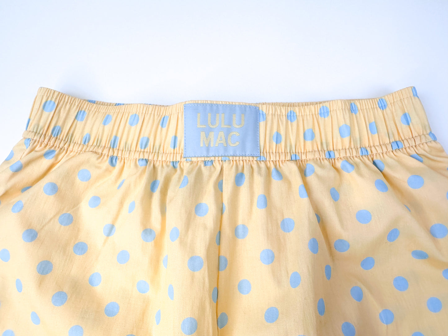 Lulu Mac Boxer Style Shorts- Butter Yellow/Light Blue Polka Dots