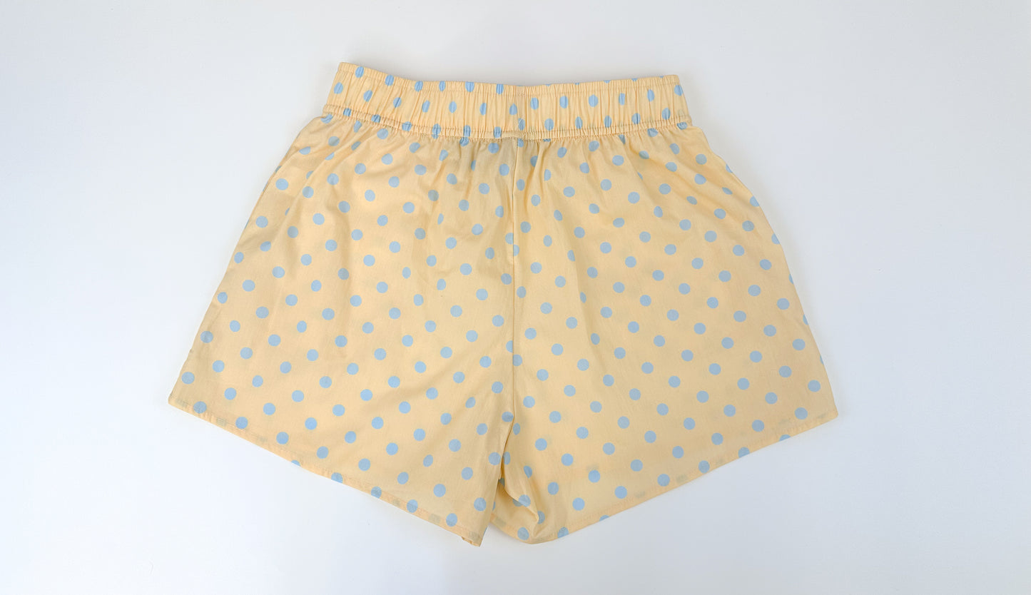 Lulu Mac Boxer Style Shorts- Butter Yellow/Light Blue Polka Dots