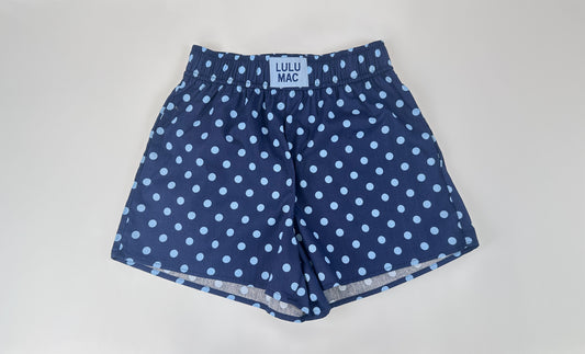 Lulu Mac Boxer Style Shorts- Navy/Light Blue Polka Dots