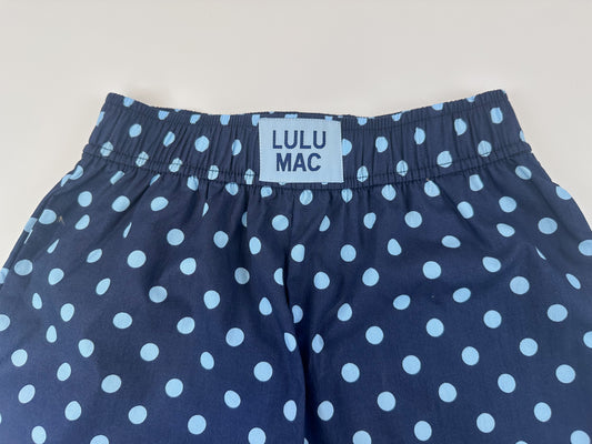 Lulu Mac Boxer Style Shorts- Navy/Light Blue Polka Dots