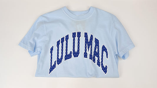 Lulu Mac Logo Tee- Light Blue/Navy Polka Dot