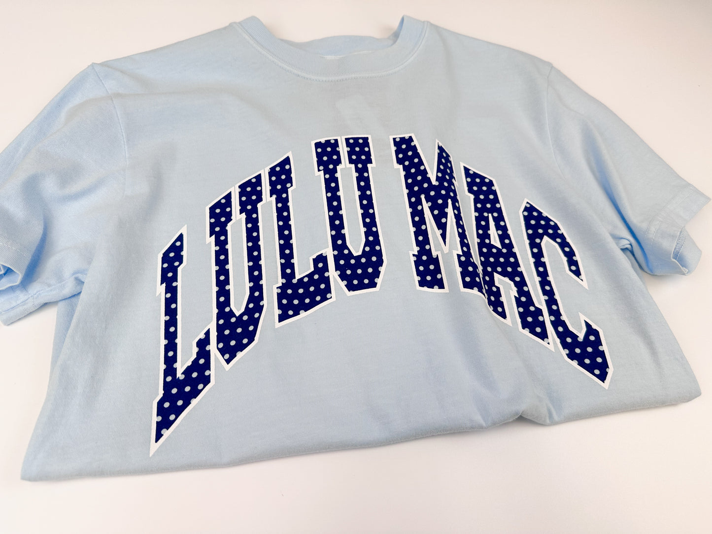 Lulu Mac Logo Tee- Light Blue/Navy Polka Dot