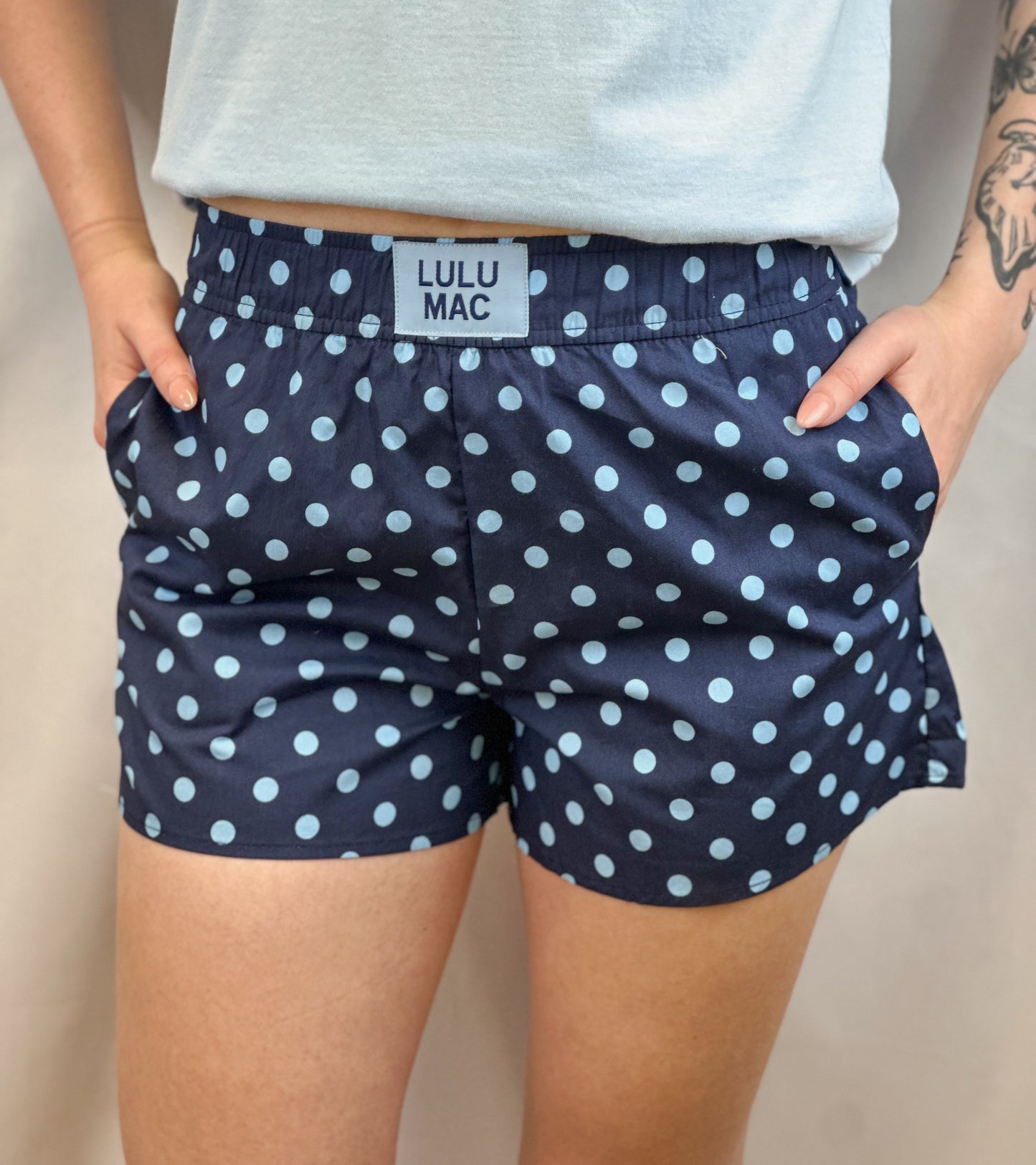 Lulu Mac Boxer Style Shorts- Navy/Light Blue Polka Dots