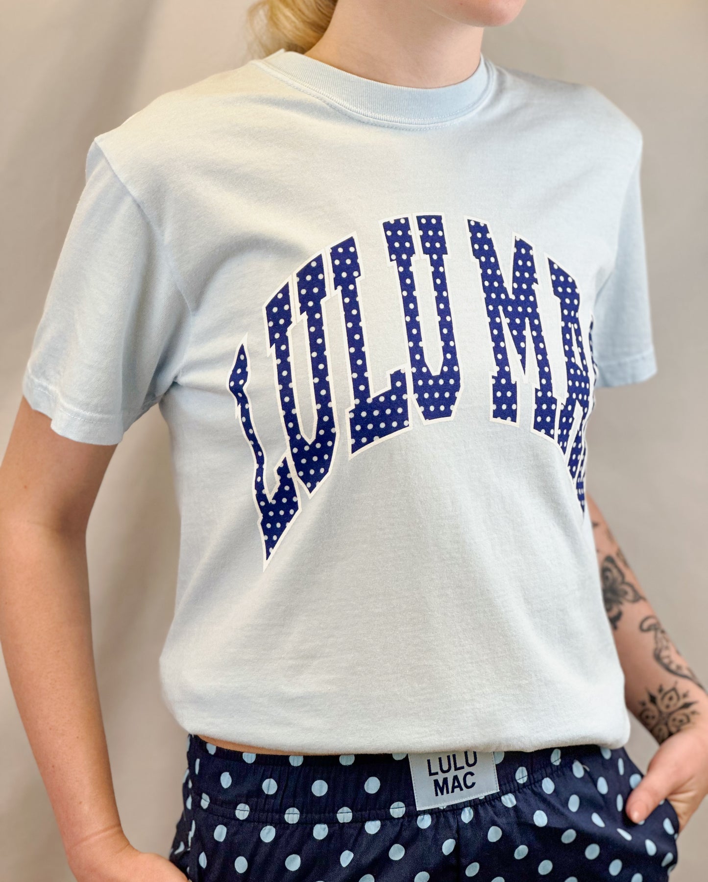 Lulu Mac Logo Tee- Light Blue/Navy Polka Dot