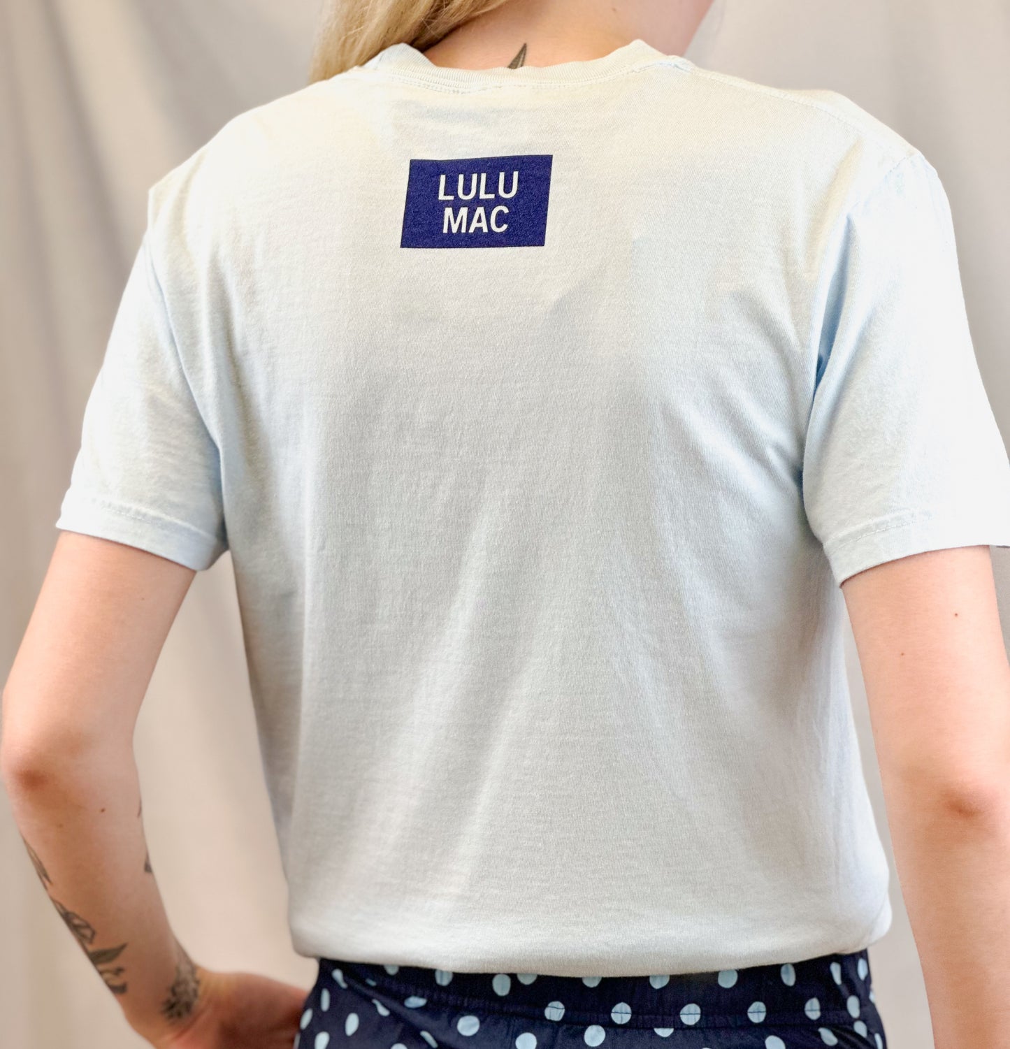 Lulu Mac Logo Tee- Light Blue/Navy Polka Dot