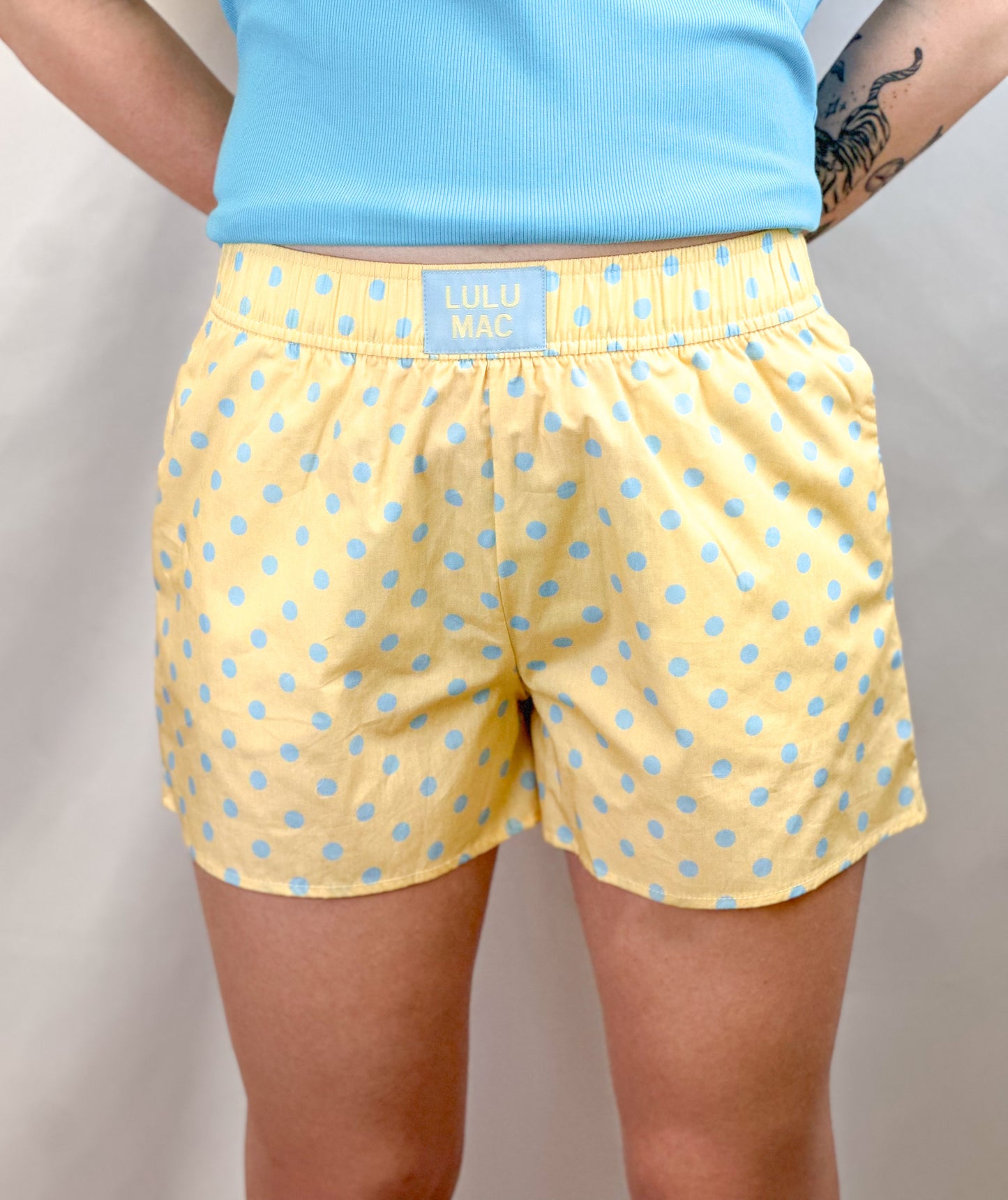 Lulu Mac Boxer Style Shorts- Butter Yellow/Light Blue Polka Dots