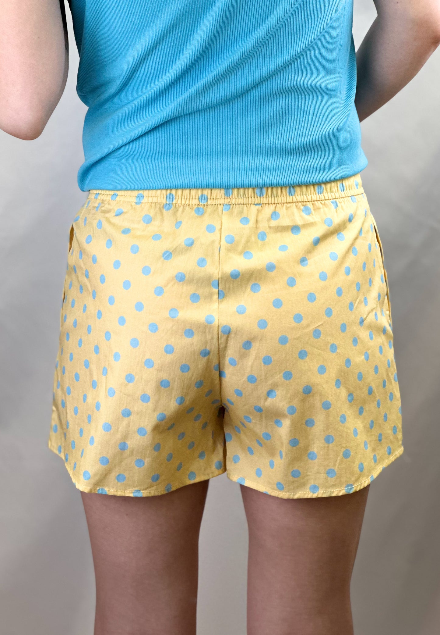 Lulu Mac Boxer Style Shorts- Butter Yellow/Light Blue Polka Dots