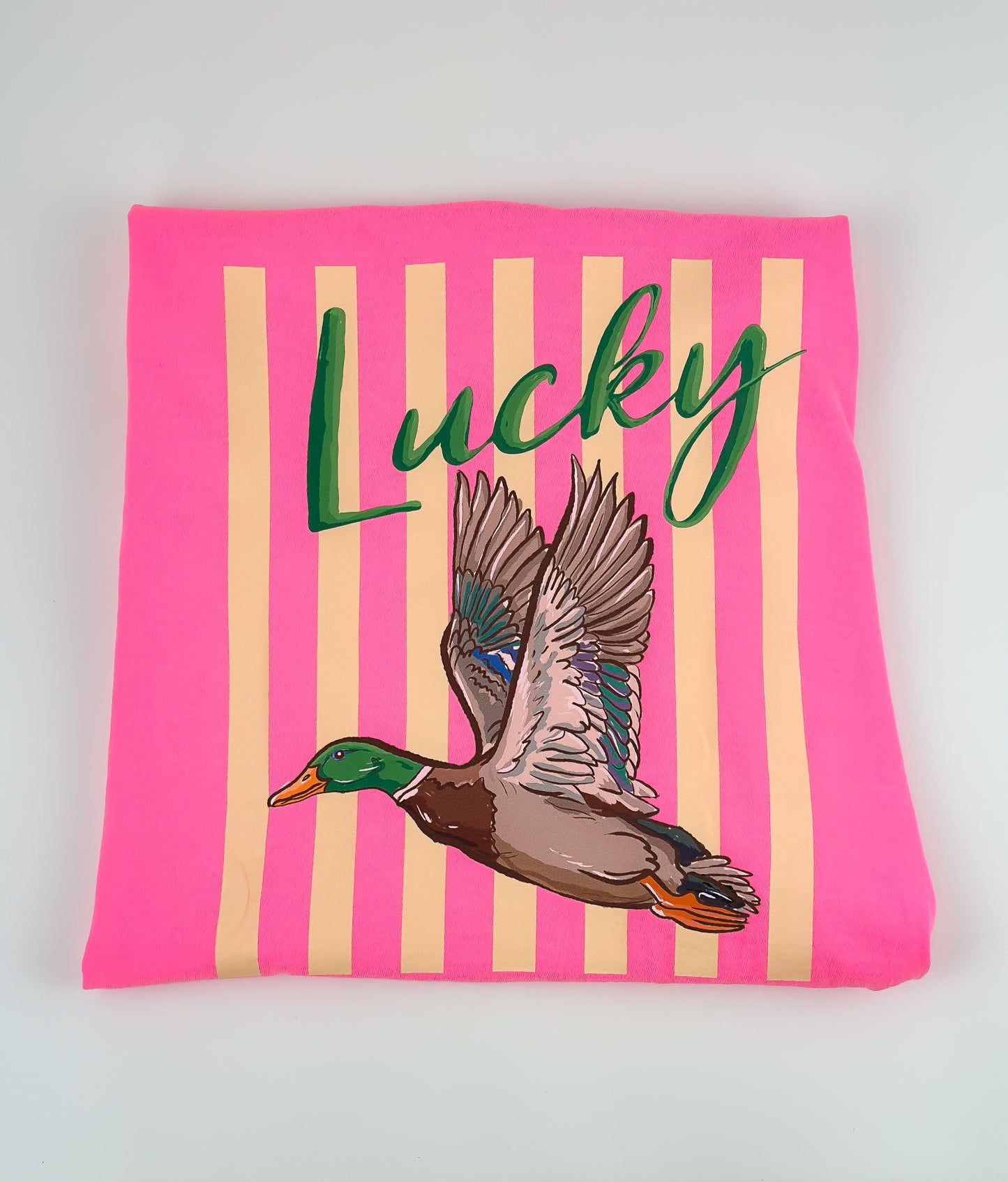 Women's 100% Cotton Regular Cut Crew Neck Shortsleeve Casual T-Shirt - Bright Pink Top with Playful Lucky Duck Mallard Graphic Print, Machine Washable