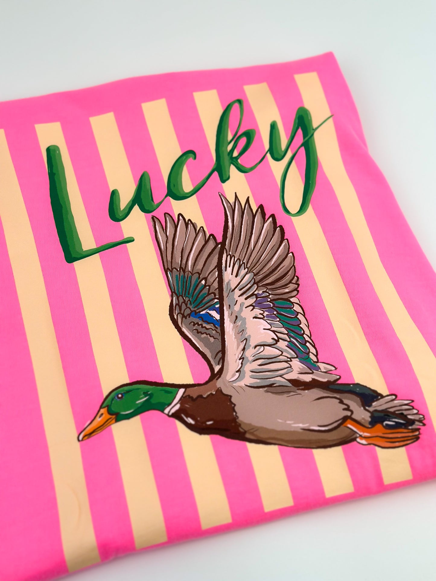 Women's 100% Cotton Regular Cut Crew Neck Shortsleeve Casual T-Shirt - Bright Pink Top with Playful Lucky Duck Mallard Graphic Print, Machine Washable