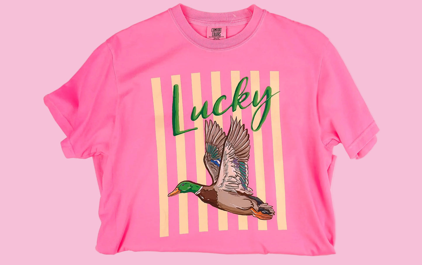Women's 100% Cotton Regular Cut Crew Neck Shortsleeve Casual T-Shirt - Bright Pink Top with Playful Lucky Duck Mallard Graphic Print, Machine Washable
