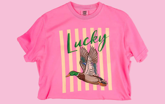 Women's 100% Cotton Regular Cut Crew Neck Shortsleeve Casual T-Shirt - Bright Pink Top with Playful Lucky Duck Mallard Graphic Print, Machine Washable