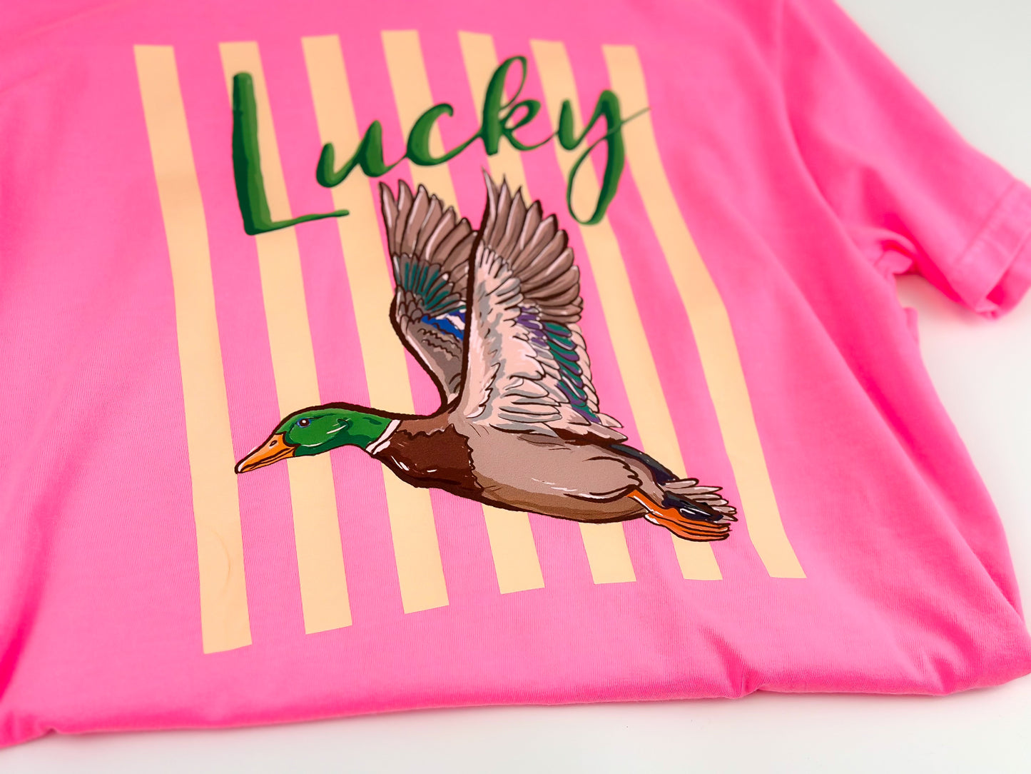 Women's 100% Cotton Regular Cut Crew Neck Shortsleeve Casual T-Shirt - Bright Pink Top with Playful Lucky Duck Mallard Graphic Print, Machine Washable